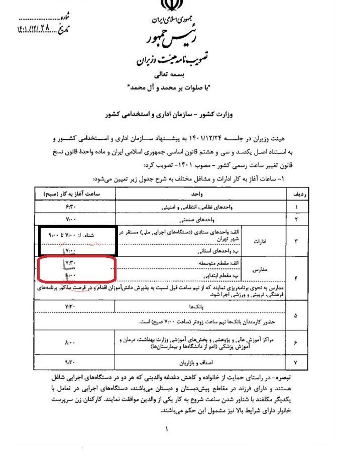 جزییات مصوبه تعیین ساعات آغاز به کار ادارات و مشاغل مختلف در سال ۱۴۰۲/ جدول