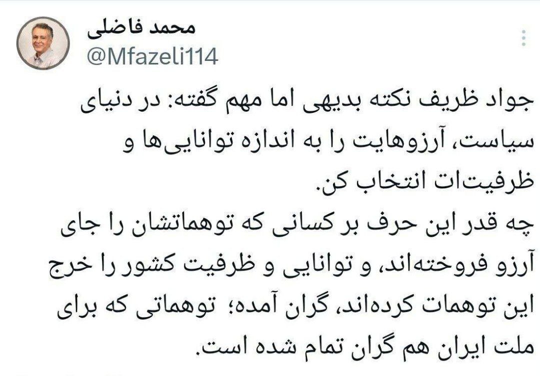 فاضلی: جواد ظریف نکته بدیهی اما مهم گفته
