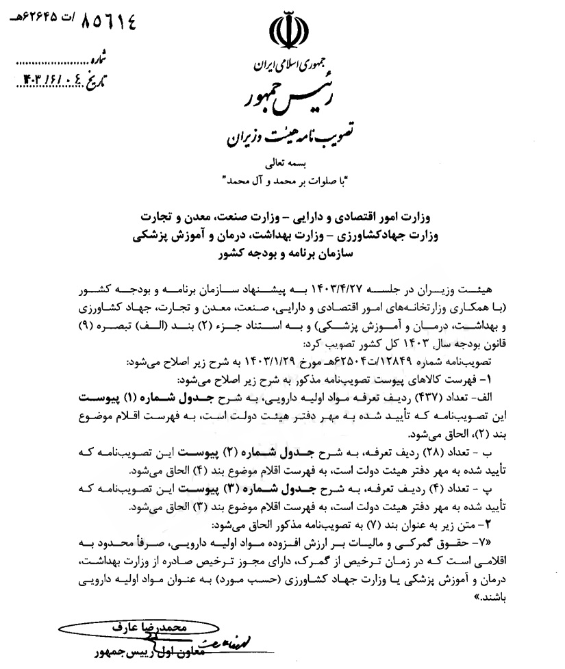 معاون اول رئیس جمهوری لیست داروهای وارداتی مشمول حقوق گمرکی و مالیات ارزش افزوده را ابلاغ کرد